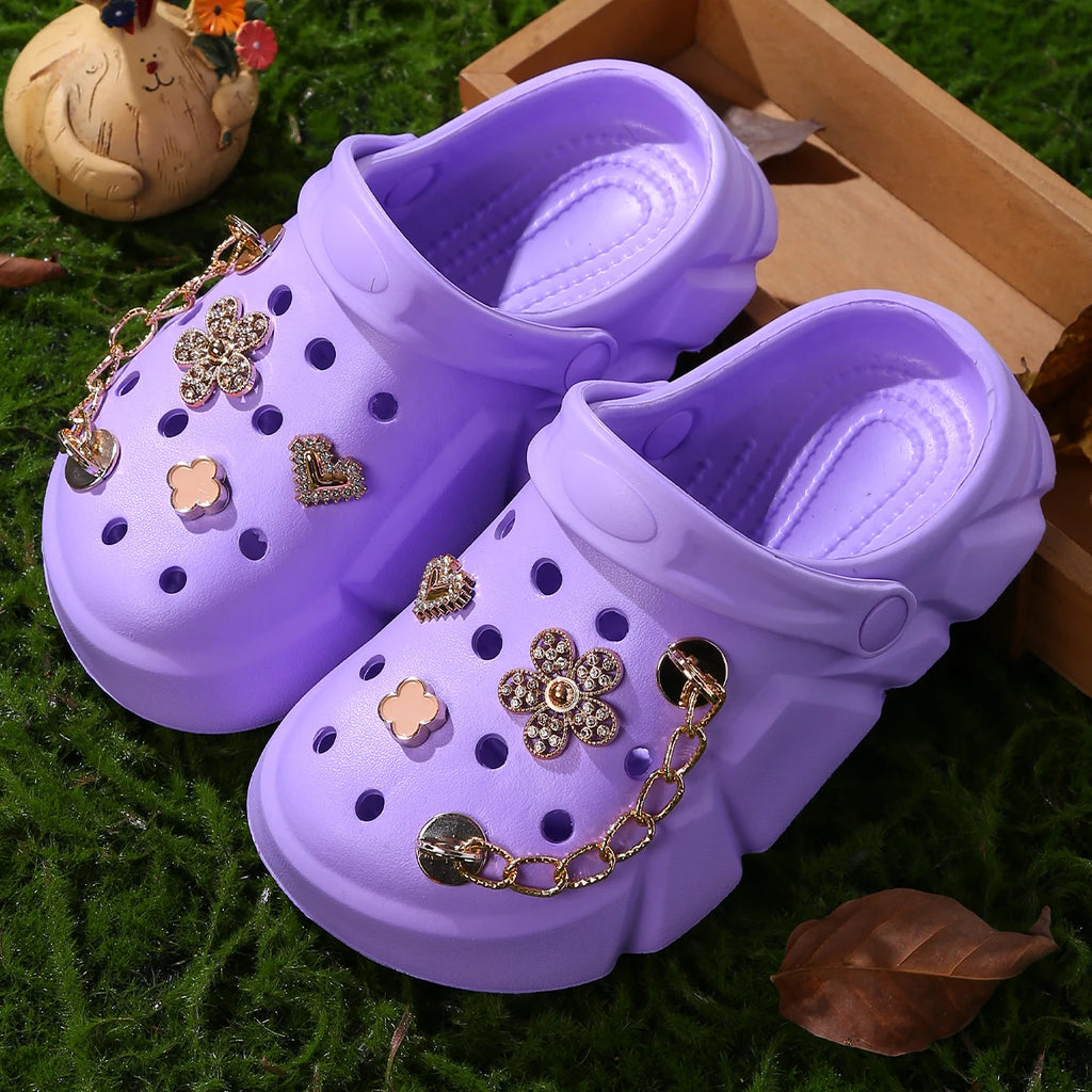 Girls' 3D Floral & Chain Decor Clogs, Platform Soft Sole Closed Toe EVA Home Garden Clog Shoes, Breathable Beach Sandals